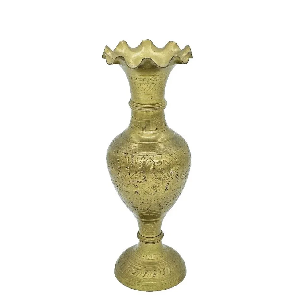 Vintage Indian Etched Brass Vase Urn 12
